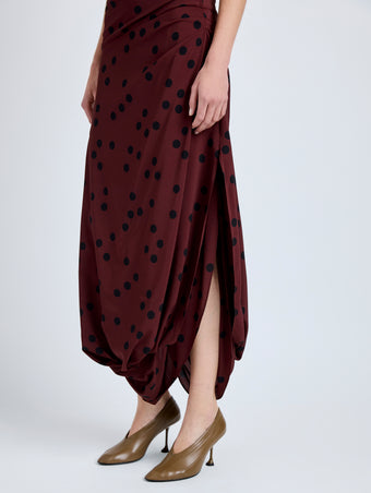 Proenza Schouler Detail image of model wearing Nayara Dress in Printed Dot Stetch Viscose in Espresso Multi