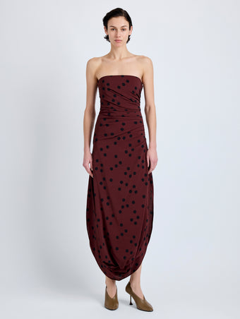 Proenza Schouler Front full length image of model wearing Nayara Dress in Printed Dot Stretch Viscose in Espresso Multi