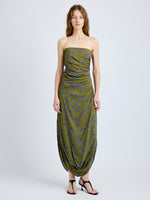 Proenza Schouler Front full length image of model wearing Nayara Dress in Printed Dot Stetch Viscose in Fatigue Multi