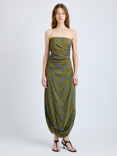 Proenza Schouler Front full length image of model wearing Nayara Dress in Printed Dot Stetch Viscose in Fatigue Multi