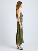 Proenza Schouler Side full length image of model wearing Nayara Dress in Printed Dot Stetch Viscose in Fatigue Multi