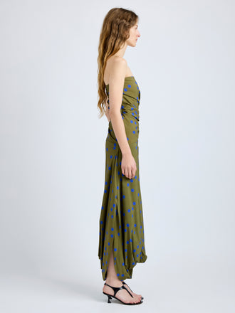 Proenza Schouler Side full length image of model wearing Nayara Dress in Printed Dot Stetch Viscose in Fatigue Multi