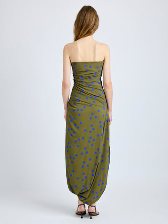 Proenza Schouler Back full length image of model wearing Nayara Dress in Printed Dot Stetch Viscose in Fatigue Multi