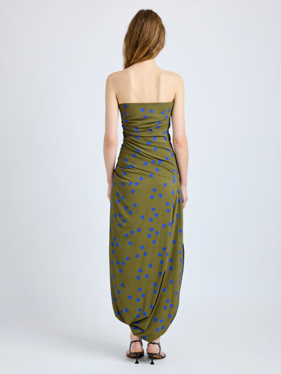 Proenza Schouler Back full length image of model wearing Nayara Dress in Printed Dot Stetch Viscose in Fatigue Multi