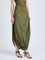 Proenza Schouler Detail image of model wearing Nayara Dress in Printed Dot Stetch Viscose in Fatigue Multi