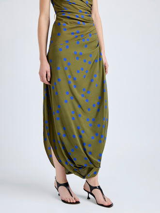 Proenza Schouler Detail image of model wearing Nayara Dress in Printed Dot Stetch Viscose in Fatigue Multi