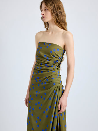 Proenza Schouler Detail image of model wearing Nayara Dress in Printed Dot Stretch Viscose in Fatigue Multi