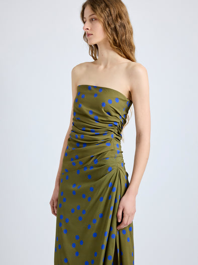 Proenza Schouler Detail image of model wearing Nayara Dress in Printed Dot Stretch Viscose in Fatigue Multi