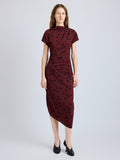 Proenza Schouler Front full length image of model wearing Ren Dress in Printed Dot Stretch Vicose in Espresso Multi