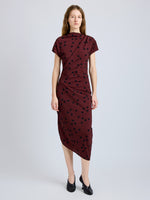Proenza Schouler Front full length image of model wearing Ren Dress in Printed Dot Stretch Vicose in Espresso Multi