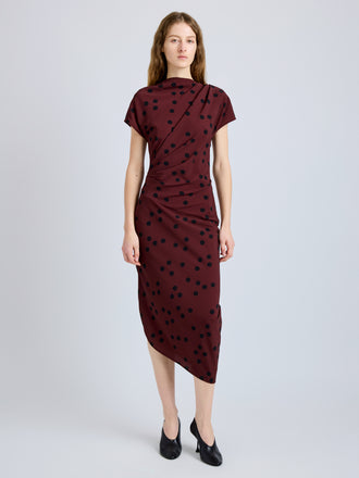 Proenza Schouler Front full length image of model wearing Ren Dress in Printed Dot Stretch Vicose in Espresso Multi