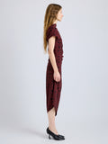 Proenza Schouler Side full length image of model wearing Ren Dress in Printed Dot Stretch Vicose in Espresso Multi