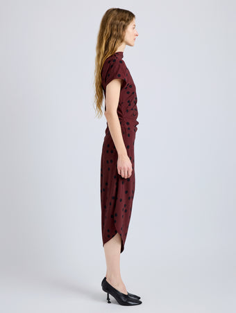 Proenza Schouler Side full length image of model wearing Ren Dress in Printed Dot Stretch Vicose in Espresso Multi