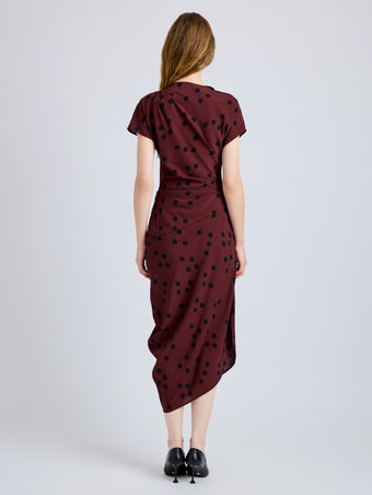 Proenza Schouler Back full length image of model wearing Ren Dress in Printed Dot Stretch Vicose in Espresso Multi
