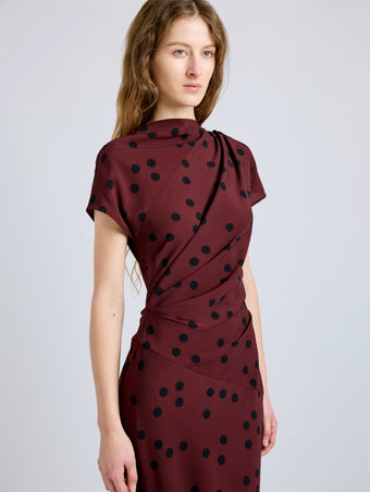 Proenza Schouler Detail image of model wearing Ren Dress in Printed Dot Stretch Vicose in Espresso Multi