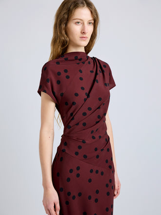 Proenza Schouler Detail image of model wearing Ren Dress in Printed Dot Stretch Vicose in Espresso Multi