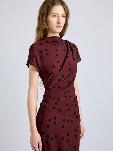 Proenza Schouler Detail image of model wearing Ren Dress in Printed Dot Stretch Vicose in Espresso Multi