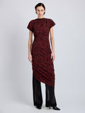 Proenza Schouler Front full length image of model wearing Ren Dress in Printed Dot Stretch Vicose in Espresso Multi