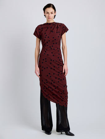 Proenza Schouler Front full length image of model wearing Ren Dress in Printed Dot Stretch Vicose in Espresso Multi
