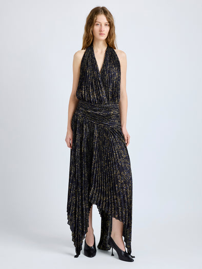 Proenza Schouler Front full length image of model wearing Paulina Dress in Pleated Georgette in Black Multi