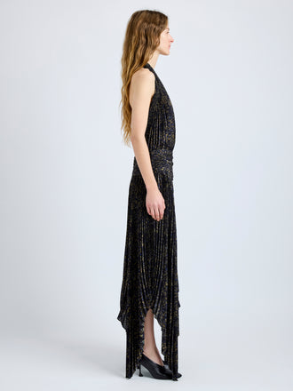 Proenza Schouler Side full length image of model wearing Paulina Dress in Pleated Georgette in Black Multi