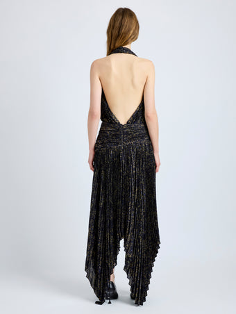 Proenza Schouler Back full length image of model wearing Paulina Dress in Pleated Georgette in Black Multi