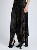Proenza Schouler Detail image of model wearing Paulina Dress in Pleated Georgette in Black Multi