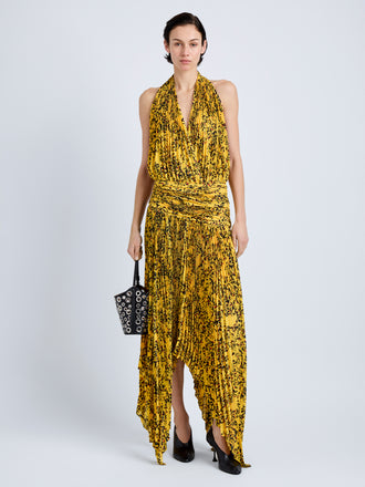 Proenza Schouler Front full length image of model wearing Paulina Dress in Pleated Georgette in Gold Multi