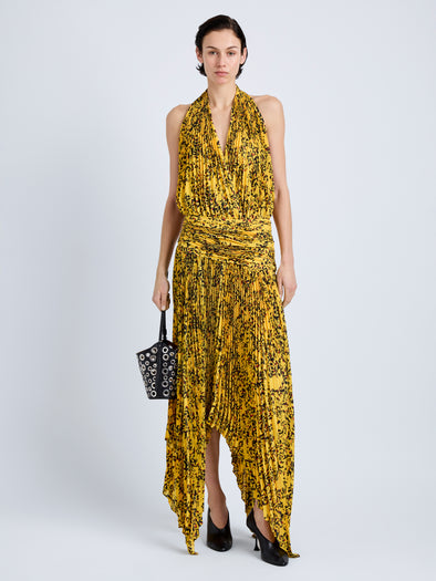 Proenza Schouler Front full length image of model wearing Paulina Dress in Pleated Georgette in Gold Multi