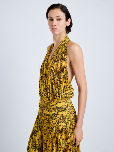 Proenza Schouler Front full length image of model wearing Nilo Dress in Textured Jacquard in Black Copper