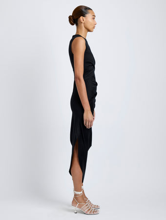 Proenza Schouler Side full length image of model wearing Zafira Dress in Mercerized Cotton Jersey in Black