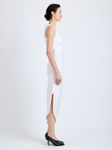 Proenza Schouler Side full length image of model wearing Zafira Dress in Mercerized Cotton Jersey in White