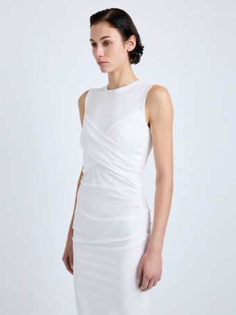 Proenza Schouler Detail image of model wearing Zafira Dress in Mercerized Cotton Jersey in White