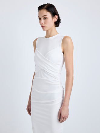 Proenza Schouler Detail image of model wearing Zafira Dress in Mercerized Cotton Jersey in White