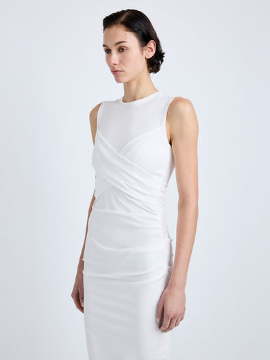 Proenza Schouler Detail image of model wearing Zafira Dress in Mercerized Cotton Jersey in White