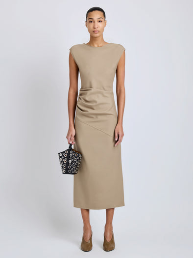 Proenza Schouler Front full length image of model wearing Katia Dress in Wool Gabardine in Khaki
