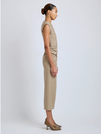 Proenza Schouler Side full length image of model wearing Katia Dress in Wool Gabardine in Khaki