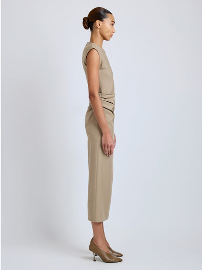 Proenza Schouler Side full length image of model wearing Katia Dress in Wool Gabardine in Khaki
