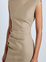Proenza Schouler Detail image of model wearing Katia Dress in Wool Gabardine in Khaki