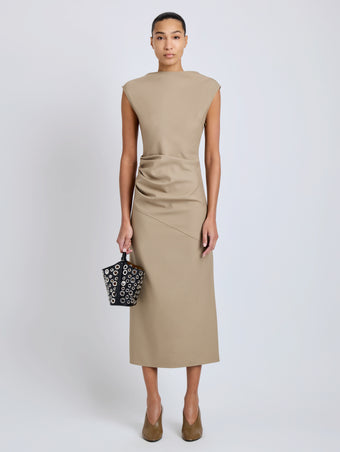 Proenza Schouler Front full length image of model wearing Katia Dress in Wool Gabardine in Khaki