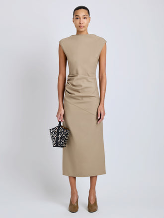 Proenza Schouler Front full length image of model wearing Katia Dress in Wool Gabardine in Khaki