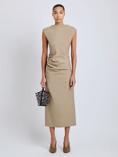 Proenza Schouler Front full length image of model wearing Katia Dress in Wool Gabardine in Khaki