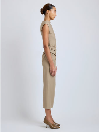 Proenza Schouler Side full length image of model wearing Katia Dress in Wool Gabardine in Khaki