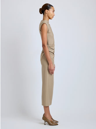 Proenza Schouler Side full length image of model wearing Katia Dress in Wool Gabardine in Khaki