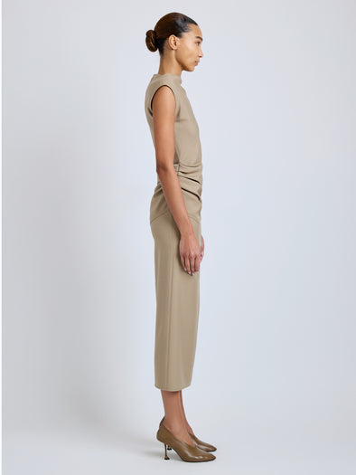 Proenza Schouler Side full length image of model wearing Katia Dress in Wool Gabardine in Khaki