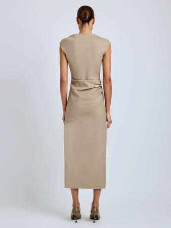 Proenza Schouler Back full length image of model wearing Katia Dress in Wool Gabardine in Khaki