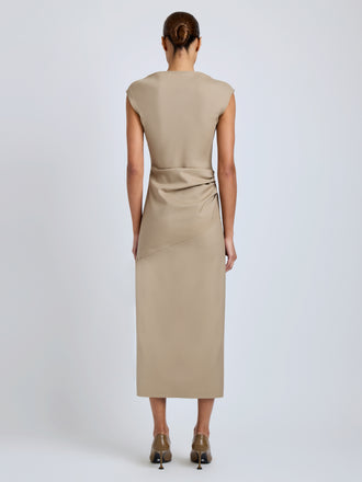Proenza Schouler Back full length image of model wearing Katia Dress in Wool Gabardine in Khaki
