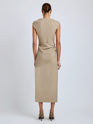 Proenza Schouler Back full length image of model wearing Katia Dress in Wool Gabardine in Khaki