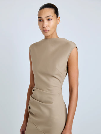 Proenza Schouler Detail image of model wearing Katia Dress in Wool Gabardine in Khaki