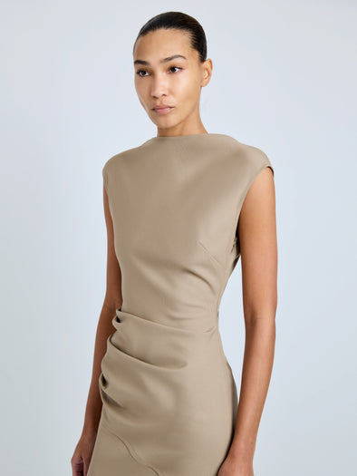 Proenza Schouler Detail image of model wearing Katia Dress in Wool Gabardine in Khaki